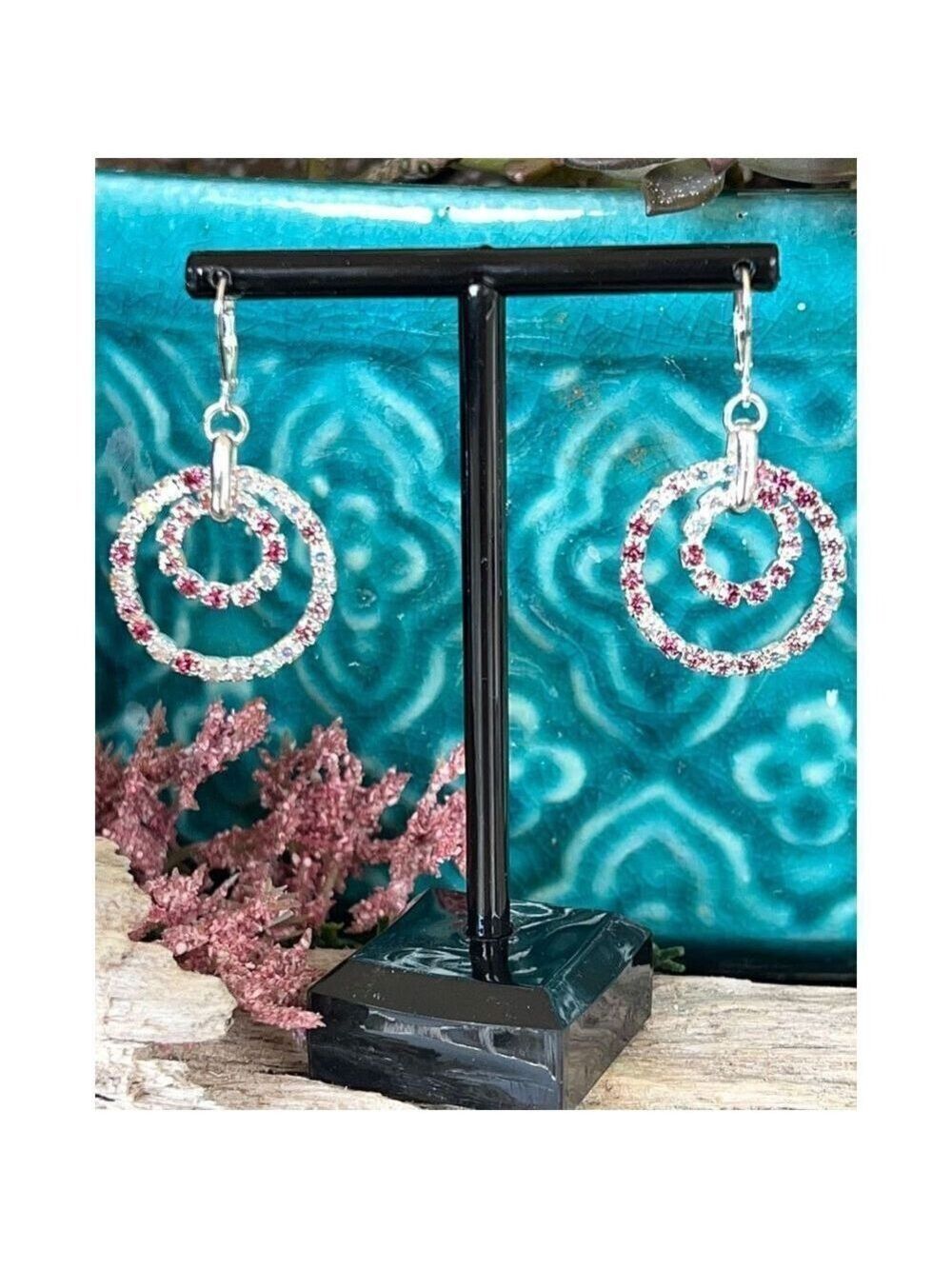 Silver Pink & Iridescent Swarovski Crystals Dangle Earrings